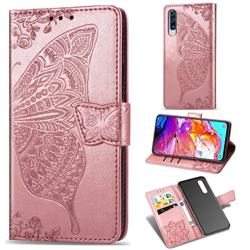 Embossing Mandala Flower Butterfly Leather Wallet Case for Samsung Galaxy A70 - Rose Gold