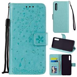 Embossing Cherry Blossom Cat Leather Wallet Case for Samsung Galaxy A70 - Green