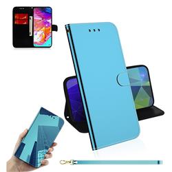Shining Mirror Like Surface Leather Wallet Case for Samsung Galaxy A70 - Blue