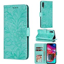 Intricate Embossing Lace Jasmine Flower Leather Wallet Case for Samsung Galaxy A70 - Green