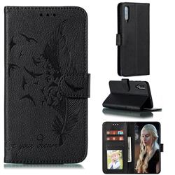 Intricate Embossing Lychee Feather Bird Leather Wallet Case for Samsung Galaxy A70 - Black