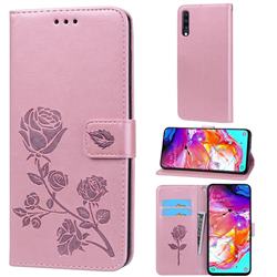 Embossing Rose Flower Leather Wallet Case for Samsung Galaxy A70 - Rose Gold