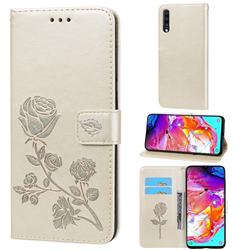 Embossing Rose Flower Leather Wallet Case for Samsung Galaxy A70 - Golden