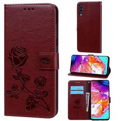 Embossing Rose Flower Leather Wallet Case for Samsung Galaxy A70 - Brown