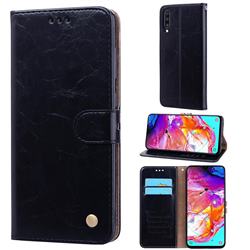 Luxury Retro Oil Wax PU Leather Wallet Phone Case for Samsung Galaxy A70 - Deep Black
