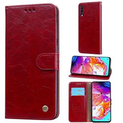 Luxury Retro Oil Wax PU Leather Wallet Phone Case for Samsung Galaxy A70 - Brown Red