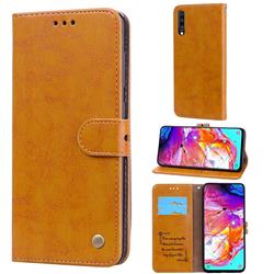 Luxury Retro Oil Wax PU Leather Wallet Phone Case for Samsung Galaxy A70 - Orange Yellow