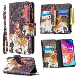 Totem Flower Elephant Binfen Color BF03 Retro Zipper Leather Wallet Phone Case for Samsung Galaxy A70
