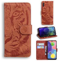 Intricate Embossing Tiger Face Leather Wallet Case for Samsung Galaxy A70 - Brown