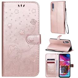 Embossing Bee and Cat Leather Wallet Case for Samsung Galaxy A70 - Rose Gold