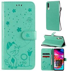 Embossing Bee and Cat Leather Wallet Case for Samsung Galaxy A70 - Green