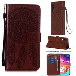 Embossing Dream Catcher Mandala Flower Leather Wallet Case for Samsung Galaxy A70 - Brown