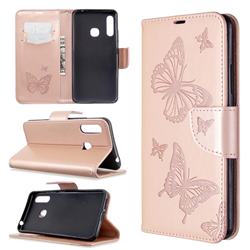 Embossing Double Butterfly Leather Wallet Case for Samsung Galaxy A70e - Rose Gold