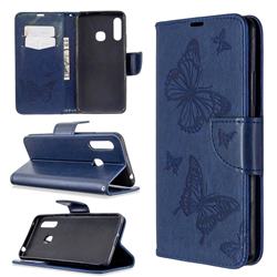 Embossing Double Butterfly Leather Wallet Case for Samsung Galaxy A70e - Dark Blue
