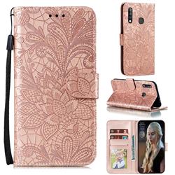Intricate Embossing Lace Jasmine Flower Leather Wallet Case for Samsung Galaxy A70e - Rose Gold
