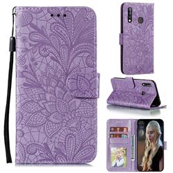 Intricate Embossing Lace Jasmine Flower Leather Wallet Case for Samsung Galaxy A70e - Purple