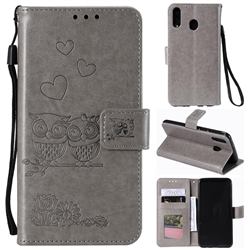 Embossing Owl Couple Flower Leather Wallet Case for Samsung Galaxy A70e - Gray
