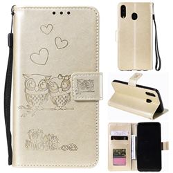 Embossing Owl Couple Flower Leather Wallet Case for Samsung Galaxy A70e - Golden
