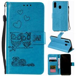 Embossing Owl Couple Flower Leather Wallet Case for Samsung Galaxy A70e - Blue