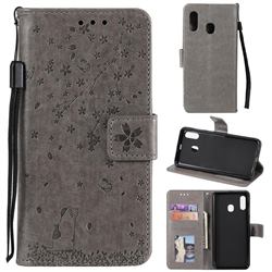 Embossing Cherry Blossom Cat Leather Wallet Case for Samsung Galaxy A70e - Gray