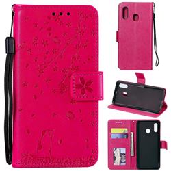 Embossing Cherry Blossom Cat Leather Wallet Case for Samsung Galaxy A70e - Rose
