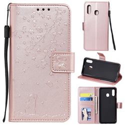 Embossing Cherry Blossom Cat Leather Wallet Case for Samsung Galaxy A70e - Rose Gold