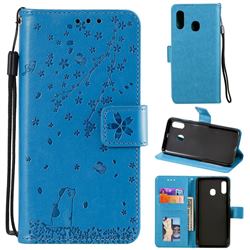 Embossing Cherry Blossom Cat Leather Wallet Case for Samsung Galaxy A70e - Blue