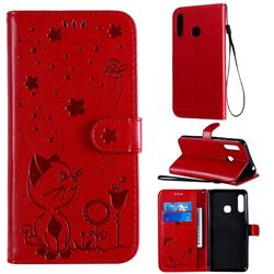 Embossing Bee and Cat Leather Wallet Case for Samsung Galaxy A70e - Red