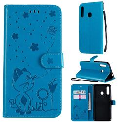 Embossing Bee and Cat Leather Wallet Case for Samsung Galaxy A70e - Blue