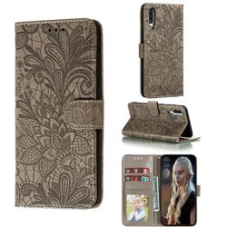 Intricate Embossing Lace Jasmine Flower Leather Wallet Case for Samsung Galaxy A70s - Gray