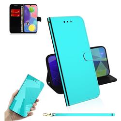 Shining Mirror Like Surface Leather Wallet Case for Samsung Galaxy A70s - Mint Green