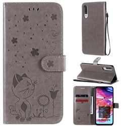 Embossing Bee and Cat Leather Wallet Case for Samsung Galaxy A70s - Gray