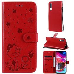 Embossing Bee and Cat Leather Wallet Case for Samsung Galaxy A70s - Red