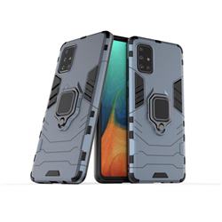 Black Panther Armor Metal Ring Grip Shockproof Dual Layer Rugged Hard Cover for Samsung Galaxy A71 4G - Blue