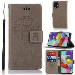 Intricate Embossing Owl Campanula Leather Wallet Case for Samsung Galaxy A71 4G - Grey