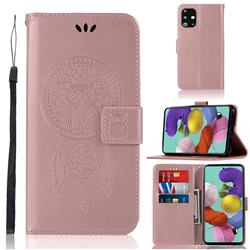 Intricate Embossing Owl Campanula Leather Wallet Case for Samsung Galaxy A71 4G - Rose Gold