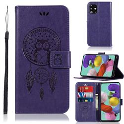 Intricate Embossing Owl Campanula Leather Wallet Case for Samsung Galaxy A71 4G - Purple