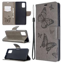 Embossing Double Butterfly Leather Wallet Case for Samsung Galaxy A71 4G - Gray