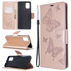 Embossing Double Butterfly Leather Wallet Case for Samsung Galaxy A71 4G - Rose Gold