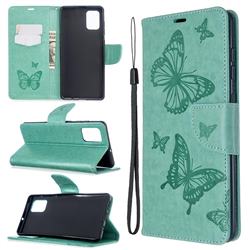 Embossing Double Butterfly Leather Wallet Case for Samsung Galaxy A71 4G - Green