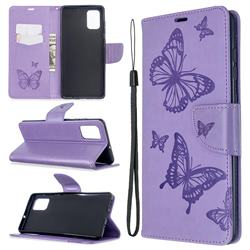 Embossing Double Butterfly Leather Wallet Case for Samsung Galaxy A71 4G - Purple