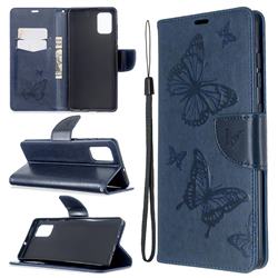 Embossing Double Butterfly Leather Wallet Case for Samsung Galaxy A71 4G - Dark Blue