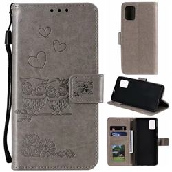 Embossing Owl Couple Flower Leather Wallet Case for Samsung Galaxy A71 4G - Gray