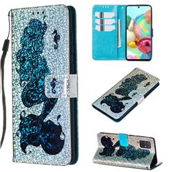 Mermaid Seahorse Sequins Painted Leather Wallet Case for Samsung Galaxy A71 4G