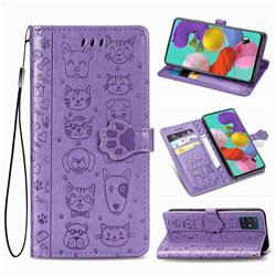 Embossing Dog Paw Kitten and Puppy Leather Wallet Case for Samsung Galaxy A71 4G - Purple
