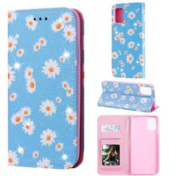 Ultra Slim Daisy Sparkle Glitter Powder Magnetic Leather Wallet Case for Samsung Galaxy A71 4G - Blue