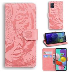 Intricate Embossing Tiger Face Leather Wallet Case for Samsung Galaxy A71 4G - Pink