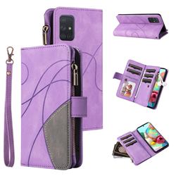 Luxury Two-color Stitching Multi-function Zipper Leather Wallet Case Cover for Samsung Galaxy A71 4G - Purple