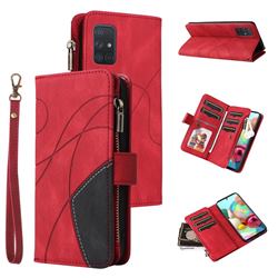 Luxury Two-color Stitching Multi-function Zipper Leather Wallet Case Cover for Samsung Galaxy A71 4G - Red