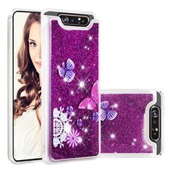 Purple Flower Butterfly Dynamic Liquid Glitter Quicksand Soft TPU Case for Samsung Galaxy A80 A90
